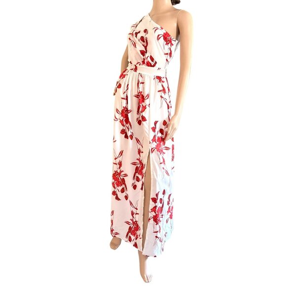 One Shoulder Red Floral Maxi Dress Size Medium Spring Summer Occasion Wear - Picture 10 of 10